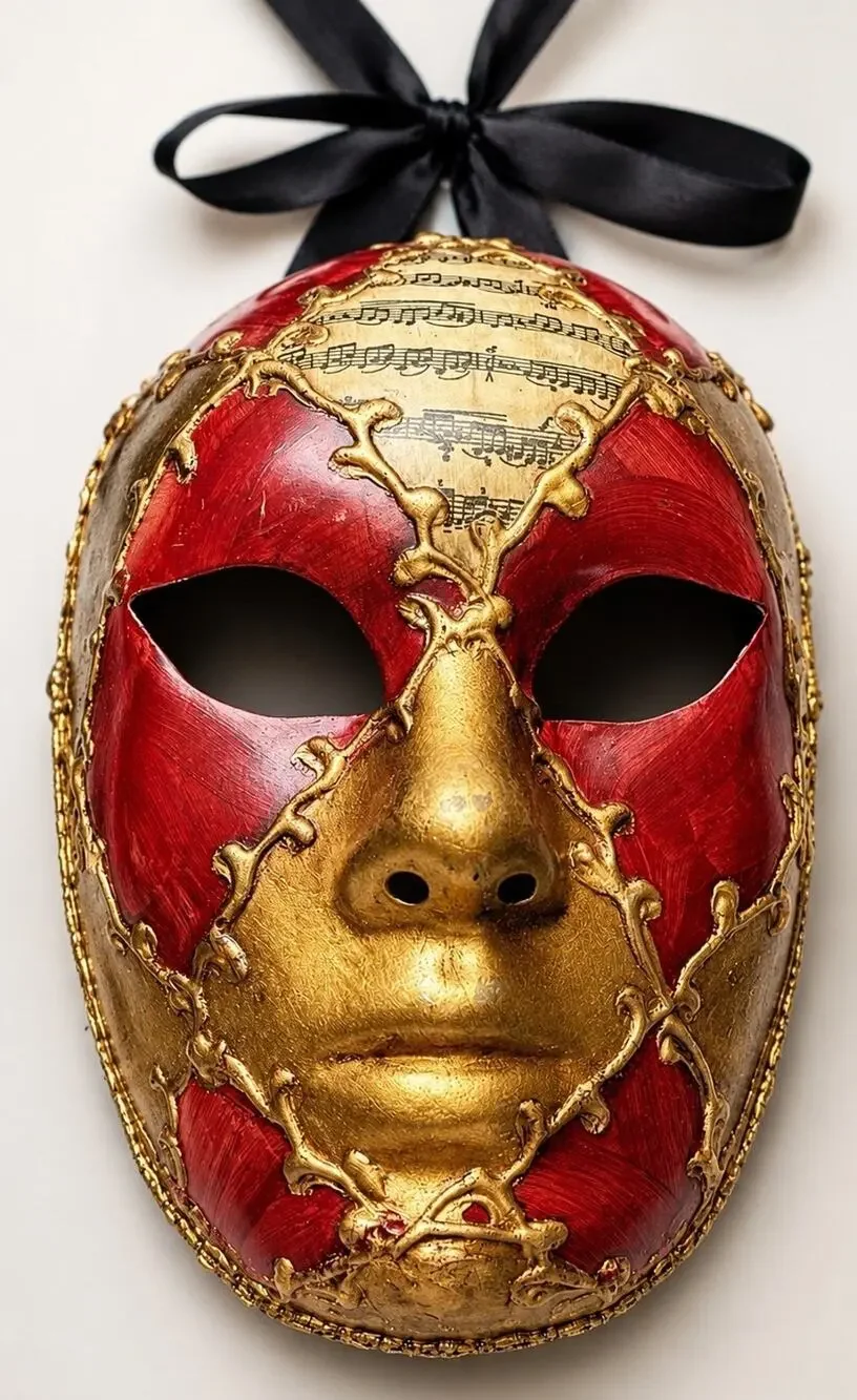 Venetian Mask Italy Hand Painted Volto Music Notes Red Gold Wall Decor Art VtG